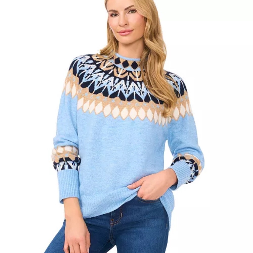 CeCe Women's Fair Isle Long Sleeve Mock Neck Sweater  blue/beige funnel neck S
